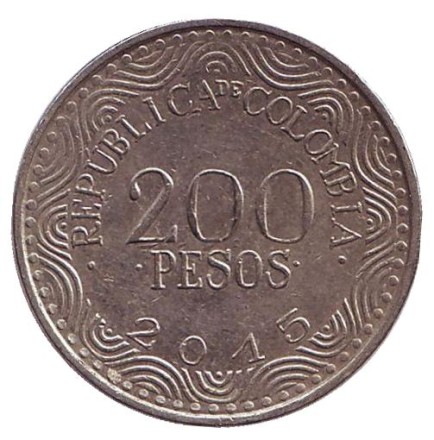 Монета 200 песо. 2015 год, Колумбия. Красный ара. Монета 200 песо. 2015 год, Колумбия. Красный ара.