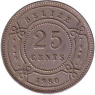 Монета 25 центов. 1980 год, Белиз. Монета 25 центов. 1980 год, Белиз.