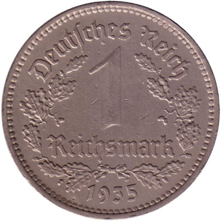 Монета 1 рейхсмарка. 1935 (A) год, Третий Рейх (Германия).