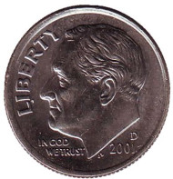 Монета 10 центов. 2001 (D) год, США. Рузвельт. Монета 10 центов. 2001 (D) год, США. Рузвельт.
