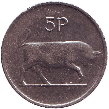 Монета 5 пенсов. 1980 год, Ирландия. Бык. Ирландская арфа.