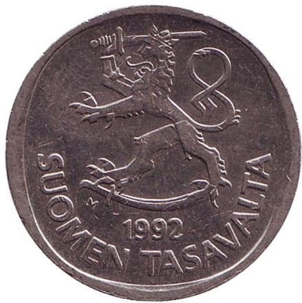Монета 1 марка. 1992 год, Финляндия.