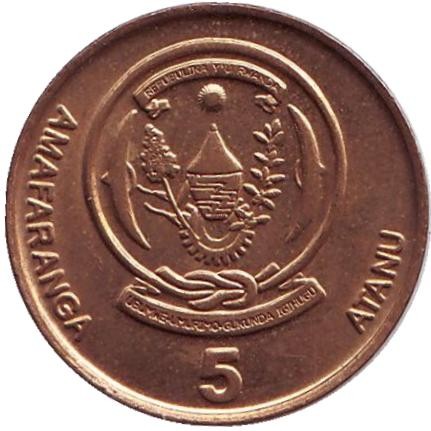 Монета 5 франков. 2003 год, Руанда. Из обращения. Цветок кофейного дерева. Монета 5 франков. 2003 год, Руанда. Из обращения. Цветок кофейного дерева.