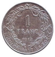 Монета 1 франк. 1912 год, Бельгия. (Des Belges) Монета 1 франк. 1912 год, Бельгия. (Des Belges)