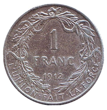Монета 1 франк. 1912 год, Бельгия. (Des Belges)