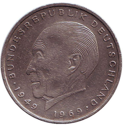 Монета 2 марки. 1975 год (D), ФРГ. Конрад Аденауэр.