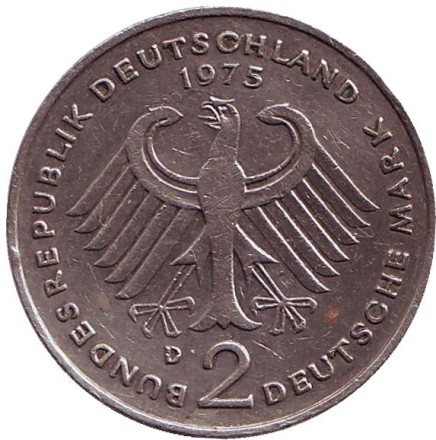 Монета 2 марки. 1975 год (D), ФРГ. Конрад Аденауэр. Монета 2 марки. 1975 год (D), ФРГ. Конрад Аденауэр.