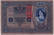 Банкнота 1000 крон. 1902 (1919) год, Австро-Венгрия. (Надпечатка). Тип 1. Tausend kronen - Tausend kronen. Банкнота 1000 крон. 1902 (1919) год, Австро-Венгрия. (Надпечатка). Тип 1. Tausend kronen - Tausend kronen.