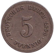 Монета 5 пфеннигов. 1893 год (A), Германская империя. Монета 5 пфеннигов. 1893 год (A), Германская империя.