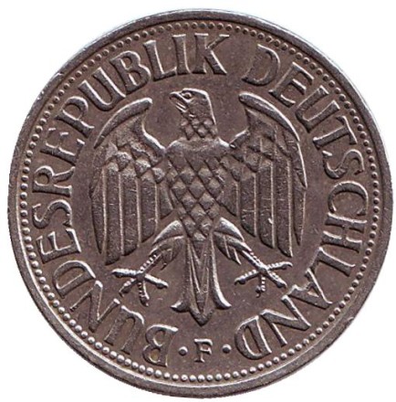 Монета 1 марка. 1963 год (F), ФРГ. Монета 1 марка. 1963 год (F), ФРГ.