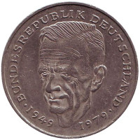 Курт Шумахер. Монета 2 марки. 1989 год (F), ФРГ. Из обращения.