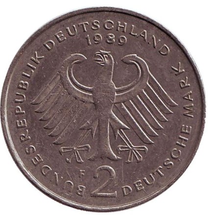 Монета 2 марки. 1989 год (F), ФРГ. Курт Шумахер. Монета 2 марки. 1989 год (F), ФРГ. Курт Шумахер.