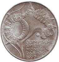 Монета 10 марок, 1972 год, ФРГ. Стадион. XX Летние Олимпийские игры. Мюнхен-1972. (D). Монета 10 марок, 1972 год, ФРГ. Стадион. XX Летние Олимпийские игры. Мюнхен-1972. (D).