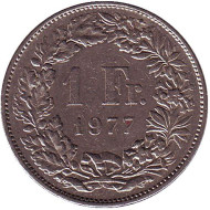 Монета 1 франк. 1977 год, Швейцария. Гельвеция. Монета 1 франк. 1977 год, Швейцария. Гельвеция.