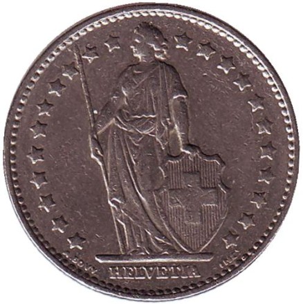 Монета 1 франк. 1977 год, Швейцария. Гельвеция. Монета 1 франк. 1977 год, Швейцария. Гельвеция.