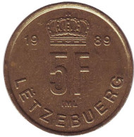 Монета 5 франков. 1989 год, Люксембург. Монета 5 франков. 1989 год, Люксембург.