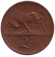 Монета 2 цента. 1976 год, Южная Африка. Окончание президентства Якобуса Йоханнеса Фуше. Белохвостый гну. Монета 2 цента. 1976 год, Южная Африка. Окончание президентства Якобуса Йоханнеса Фуше. Белохвостый гну.