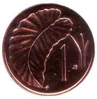 Монета 1 цент. 1975 год, Острова Кука. (Отметка монетного двора: "FM"). Лист Таро. Монета 1 цент. 1975 год, Острова Кука. (Отметка монетного двора: "FM"). Лист Таро.