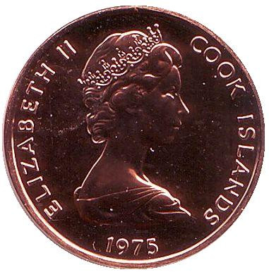 Монета 1 цент. 1975 год, Острова Кука. (Отметка монетного двора: "FM"). Лист Таро.