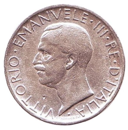 Монета 5 лир. 1928 год, Италия. Орёл. " *FERT* ".