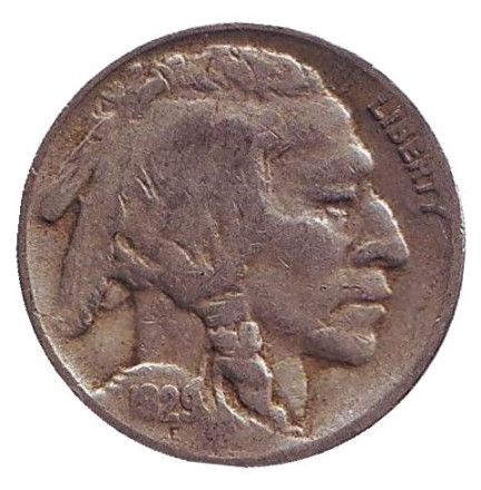 Монета 5 центов. 1929 год (S), США. Бизон. Индеец. Монета 5 центов. 1929 год (S), США. Бизон. Индеец.