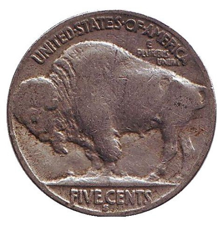 Монета 5 центов. 1929 год (S), США. Бизон. Индеец.