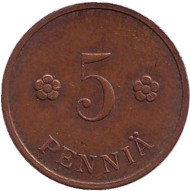 Монета 5 пенни. 1934 год, Финляндия. Монета 5 пенни. 1934 год, Финляндия.