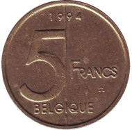 Монета 5 франков. 1994 год, Бельгия. (Belgique) Монета 5 франков. 1994 год, Бельгия. (Belgique)