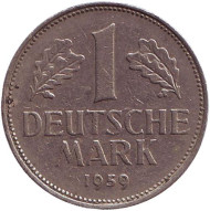 Монета 1 марка. 1959 год (D), ФРГ. Монета 1 марка. 1959 год (D), ФРГ.