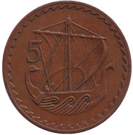 Монета 5 миллей. 1972 год, Кипр. Древнее торговое судно. Монета 5 миллей. 1972 год, Кипр. Древнее торговое судно.