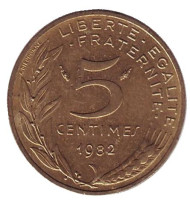Монета 5 сантимов. 1982 год, Франция.