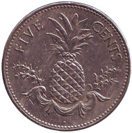 Монета 5 центов. 2004 год, Багамские острова. Ананас. Монета 5 центов. 2004 год, Багамские острова. Ананас.