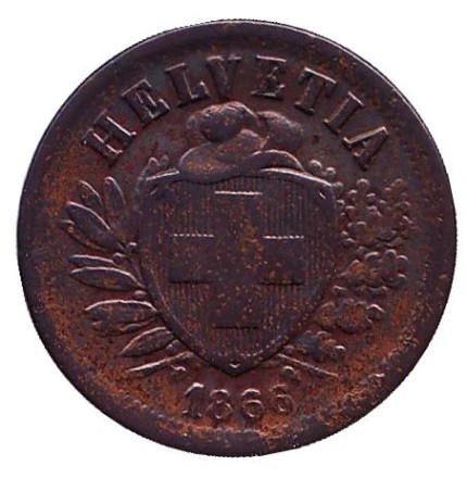 Монета 2 раппена. 1866 год, Швейцария. Монета 2 раппена. 1866 год, Швейцария.