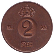 Монета 2 эре. 1965 год, Швеция. Монета 2 эре. 1965 год, Швеция.