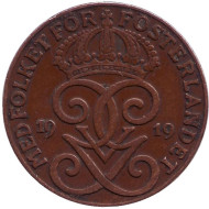Монета 2 эре. 1919 год, Швеция. (Бронза) Монета 2 эре. 1919 год, Швеция. (Бронза)