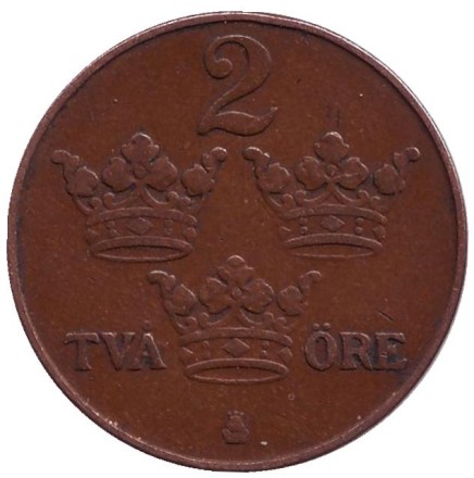Монета 2 эре. 1919 год, Швеция. (Бронза) Монета 2 эре. 1919 год, Швеция. (Бронза)