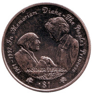 Монета 1 доллар. 1997 год, Сьерра-Леоне. Принцесса Диана и Мать Тереза. Монета 1 доллар. 1997 год, Сьерра-Леоне. Принцесса Диана и Мать Тереза.