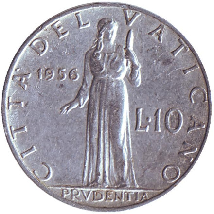 Монета 10 лир. 1956 год, Ватикан. Папа Пий XII. Богиня мудрости.
