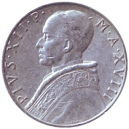 Монета 10 лир. 1956 год, Ватикан. Папа Пий XII. Богиня мудрости.