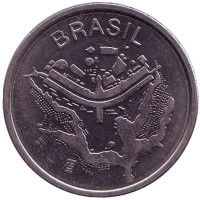 Карта Бразилии. Монета 50 крузейро. 1985 год, Бразилия.
