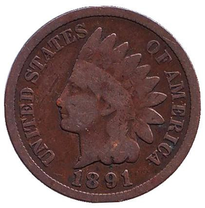 Монета 1 цент. 1891 год, США. Индеец.