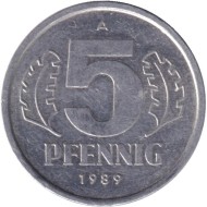 Монета 5 пфеннигов. 1989 год, ГДР. Монета 5 пфеннигов. 1989 год, ГДР.