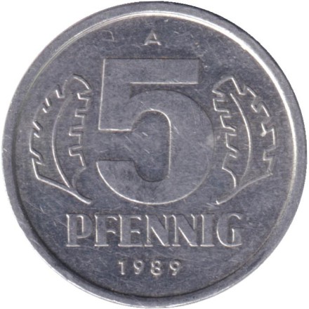 Монета 5 пфеннигов. 1989 год, ГДР.