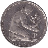 Монета 50 пфеннигов. 1991 год (G), ФРГ. Женщина, сажающая дуб. Монета 50 пфеннигов. 1991 год (G), ФРГ. Женщина, сажающая дуб.