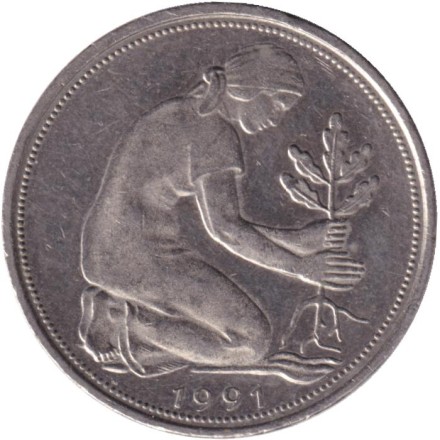 Монета 50 пфеннигов. 1991 год (G), ФРГ. Женщина, сажающая дуб.
