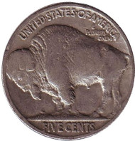 Монета 5 центов. 1934 год (P), США. Бизон. Индеец. Монета 5 центов. 1934 год (P), США. Бизон. Индеец.