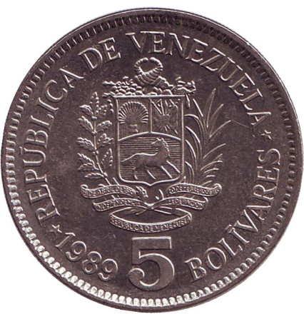 Монета 5 боливаров. 1989 год, Венесуэла. Из обращения.