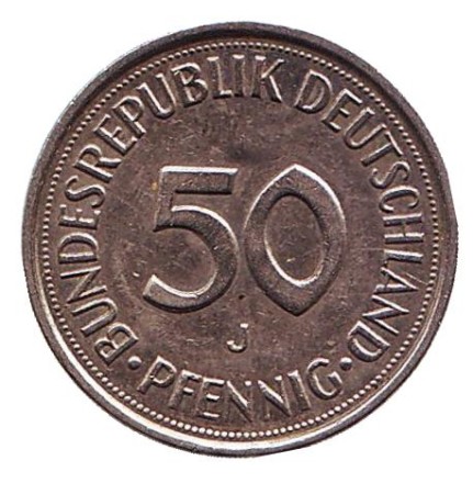 Монета 50 пфеннигов. 1988 (J) год, ФРГ. Женщина, сажающая дуб. Монета 50 пфеннигов. 1988 (J) год, ФРГ. Женщина, сажающая дуб.