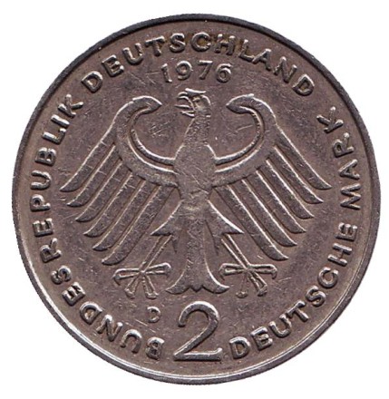 Монета 2 марки. 1976 год (D), ФРГ. Теодор Хойс. Монета 2 марки. 1976 год (D), ФРГ. Теодор Хойс.