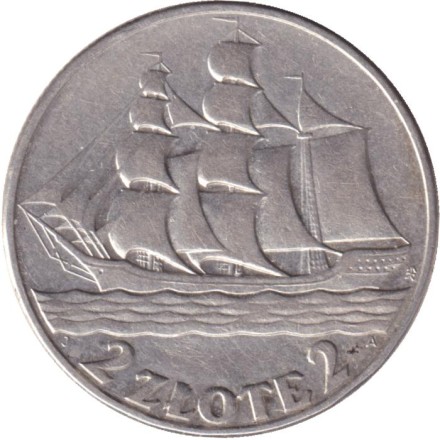 Монета 2 злотых. 1936 год, Польша. Парусник "Дар Поморья". Монета 2 злотых. 1936 год, Польша. Парусник "Дар Поморья".